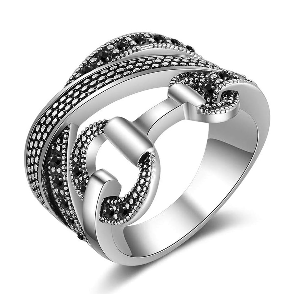 Gold CZ multi-band OT buckle ring specs showing 1.6cm width and 5.6g weight