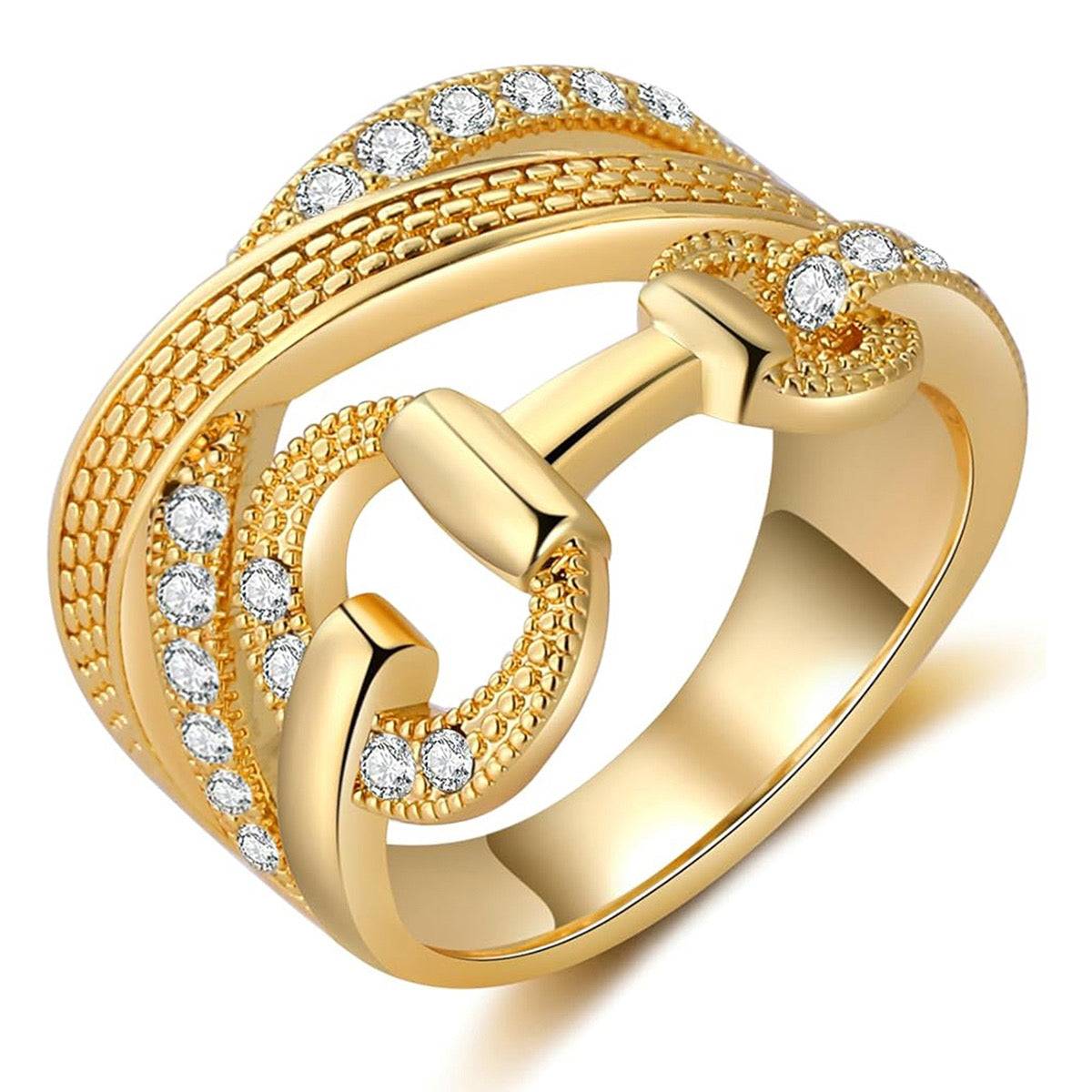 Gold CZ multi-band OT buckle ring worn on model hand lifestyle shot