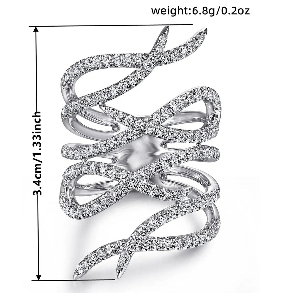 CZ pavé feather wrap statement ring dimensions infographic showing 3.4cm height and 6.8g weight