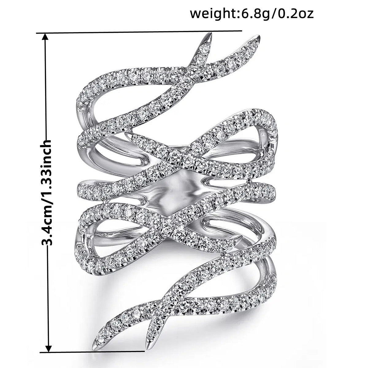 CZ pavé feather wrap statement ring dimensions infographic showing 3.4cm height and 6.8g weight