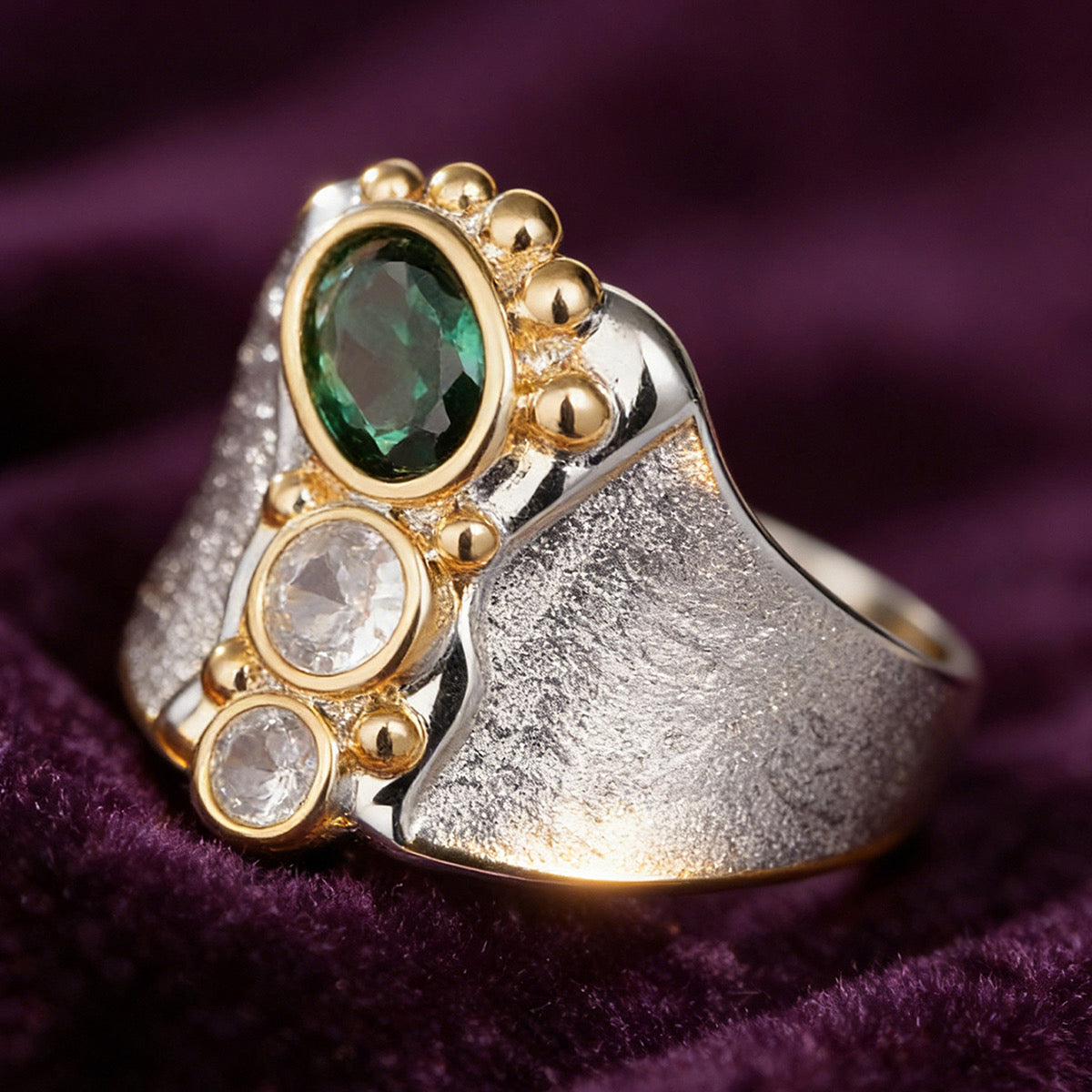 Emerald green stone wide-band ring with size dimensions
