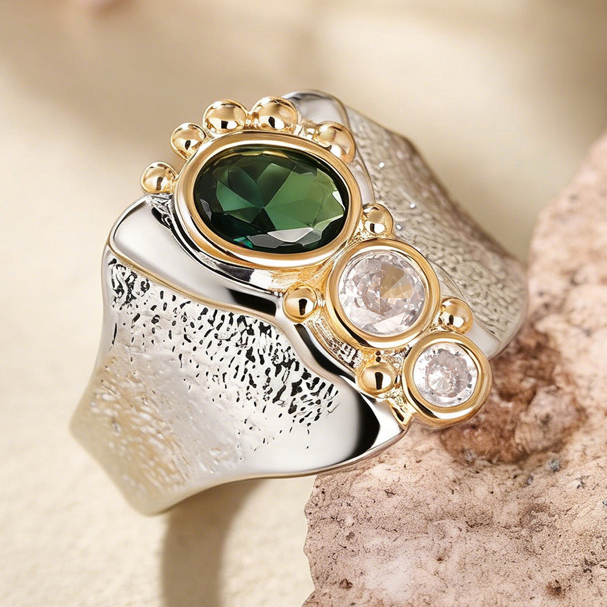 Emerald Green Stone Wide-Band Statement Ring