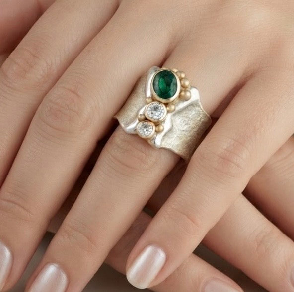 Emerald Green Stone Wide-Band Statement Ring