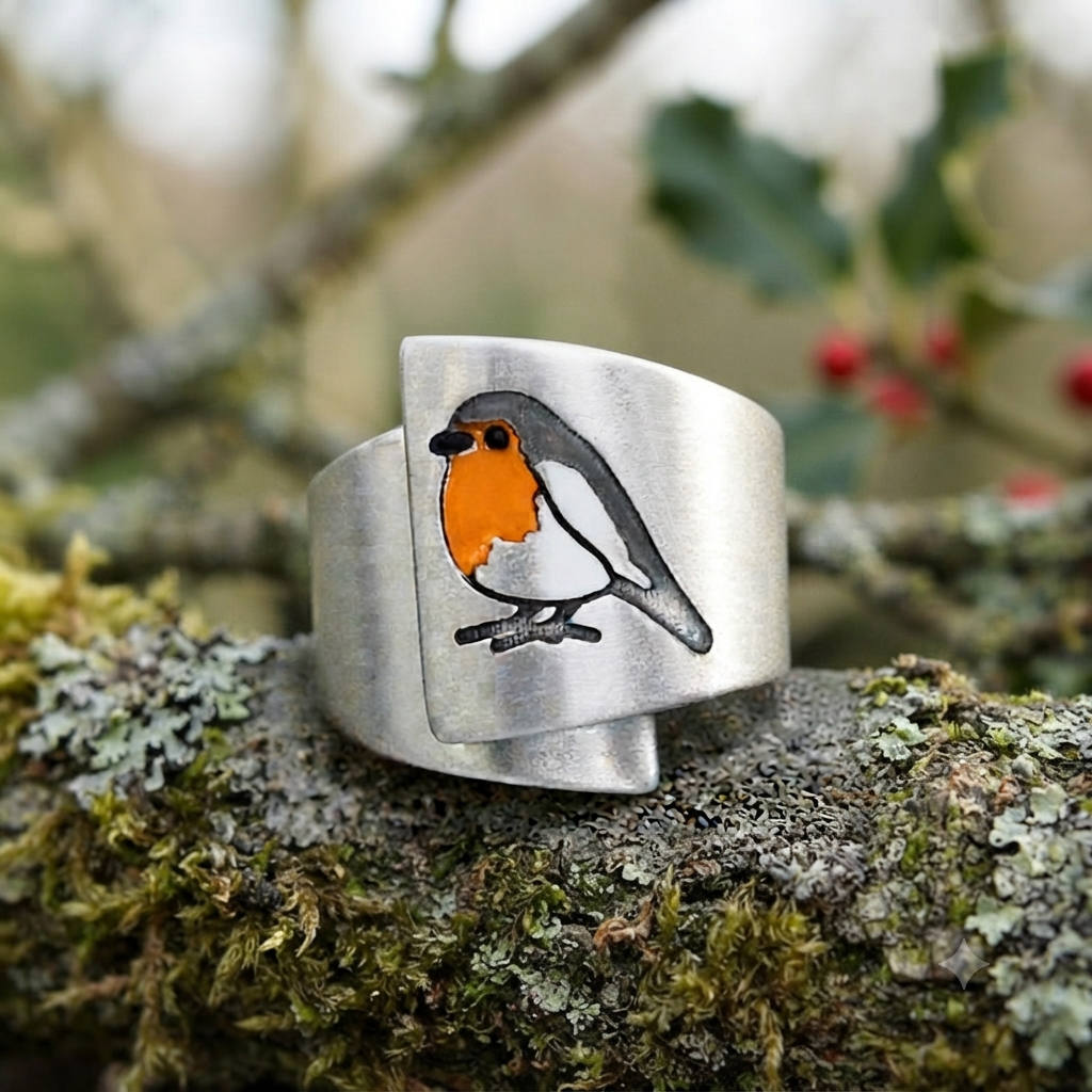 Robin bird enamel ring on mossy log in nature setting