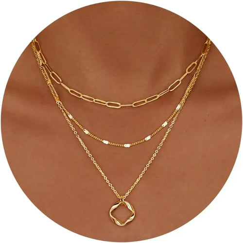Layered gold paperclip and circle pendant chain necklace set