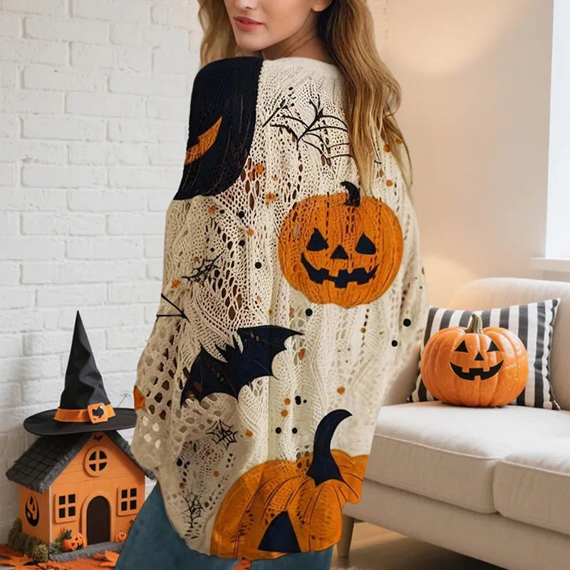 Halloween Pumpkin Batwing Sweater – Cutout Knit Fall Top S-XXL