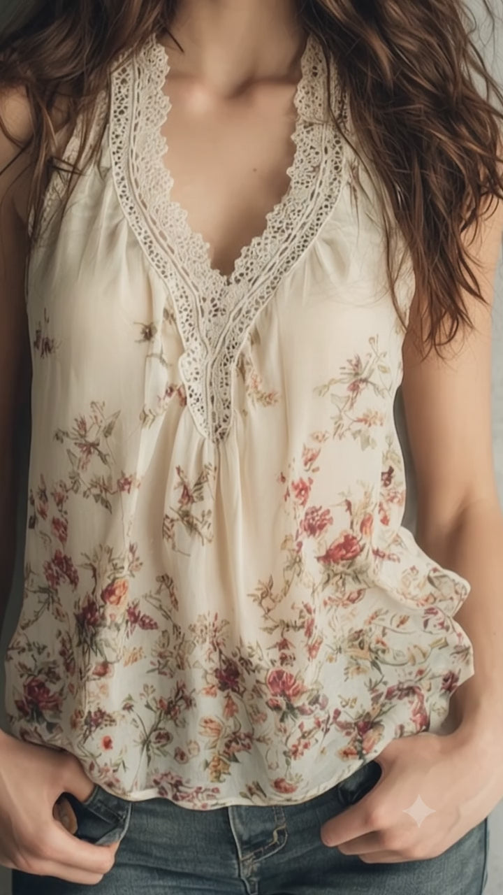 French Vintage Floral Lace Halter Blouse – Bohemian V-Neck Chiffon Top